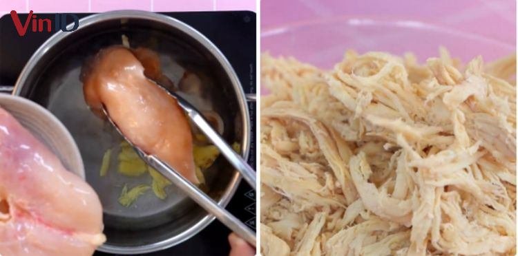 Luộc ức gà và xé sợi Luộc ức gà và xé sợi