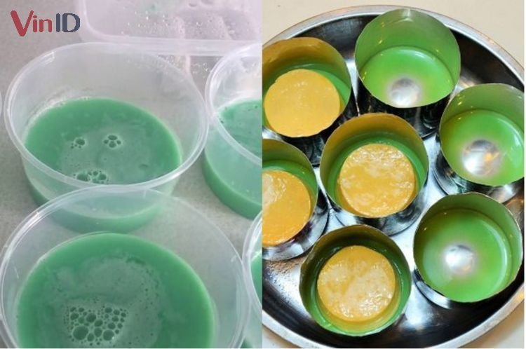 Đổ khuôn rau câu bánh flan lá dứa Đổ khuôn rau câu bánh flan lá dứa