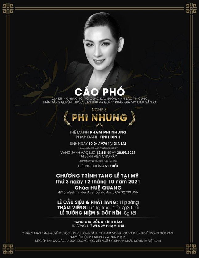 Thông tin lễ tang Phi Nhung tại Mỹ ảnh 1