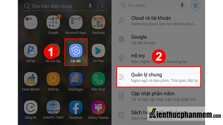 Nhấn vào Cài đặt và nhấn tiếp vào Quản lý chung