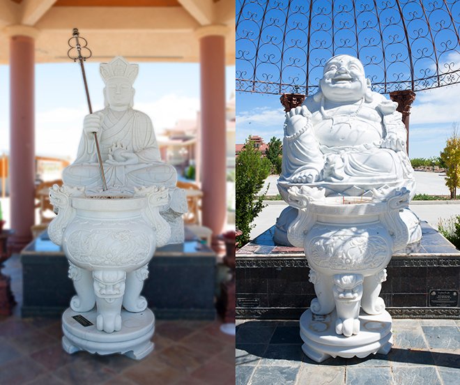 Ở sân trước, thiền viện tôn trí khá nhiều tượng lớn, nhỏ bằng đá cẩm thạch được tạc tại Việt Nam: Vườn tượng Tứ Động Tâm, trong đó tượng Thích Ca Mâu Ni Phật Nhập Niết bàn dài 6,5m và các tượng đức Phật Dược Sư, đức Phật A Di Đà, Bồ tát Di Lặc, Bồ tát Địa Tạng, Thập bát A La Hán…