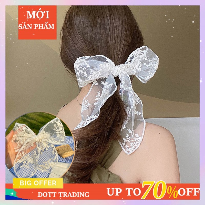 Kẹp tóc mỏ hình nơ lớn làm bằng vải ren lưới thêu hoa đẹp mắt