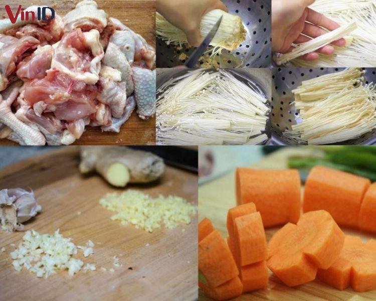 Sơ chế món gà om nấm kim châm