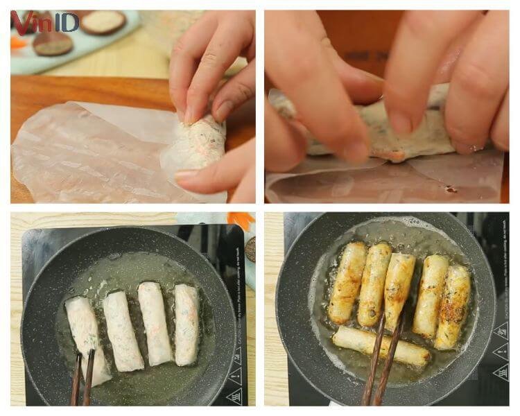 Chiên nem ngập dầu và lật đều để nem chín đều