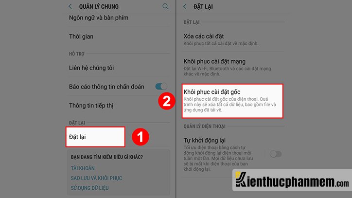 Nhấn vào Đặt lại rồi chọn tiếp Khôi phục cài đặt gốc