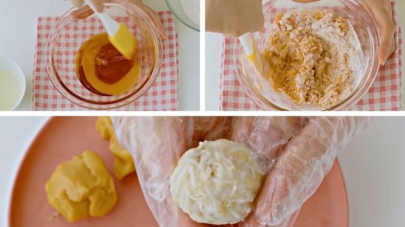 Trộn bột vỏ bánh, vo tròn nhân sữa dừa Trộn bột vỏ bánh, vo tròn nhân sữa dừa