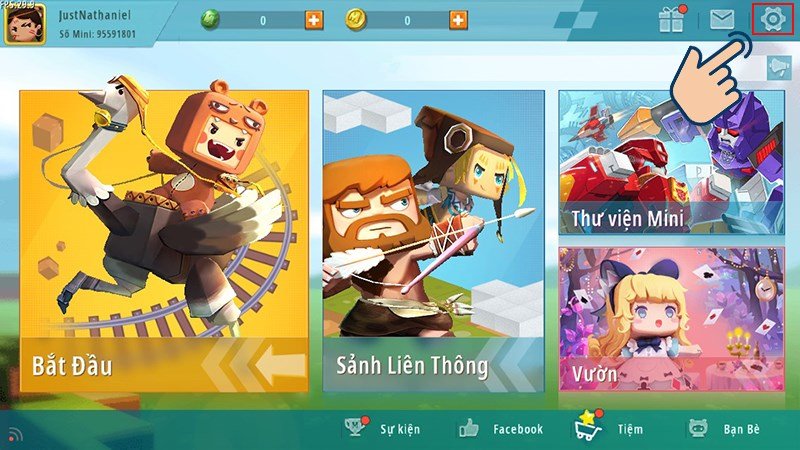 Lúc này bạn đã vào màn hình chính của game rồi. Bây giờ bạn hãy chọn vào Icon răng cưa.