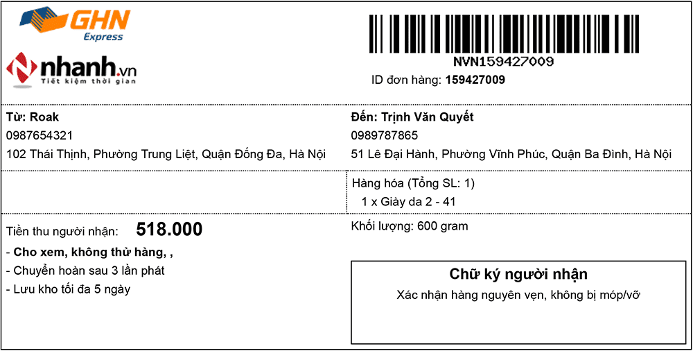 Mẫu phiếu gửi hàng khổ A4/A5