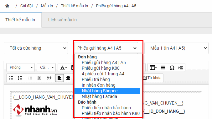 thiết kế phiếu gửi hàng trên phần mềm Nhanh.vn