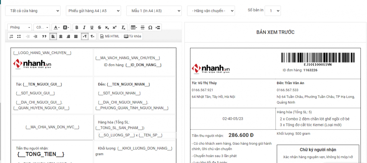 giao diện xem trước bản thiết kế mẫu in