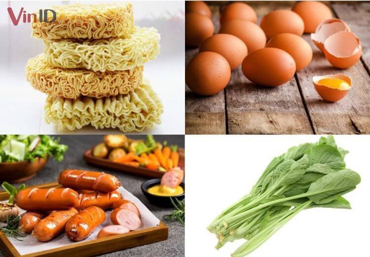 Nguyên liệu món mì xào trứng xúc xích Nguyên liệu món mì xào trứng xúc xích