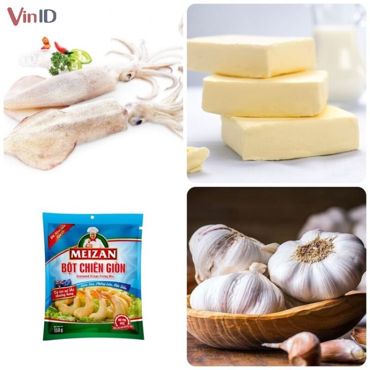Nguyên liệu làm mực chiên bơ tỏi nguyên con