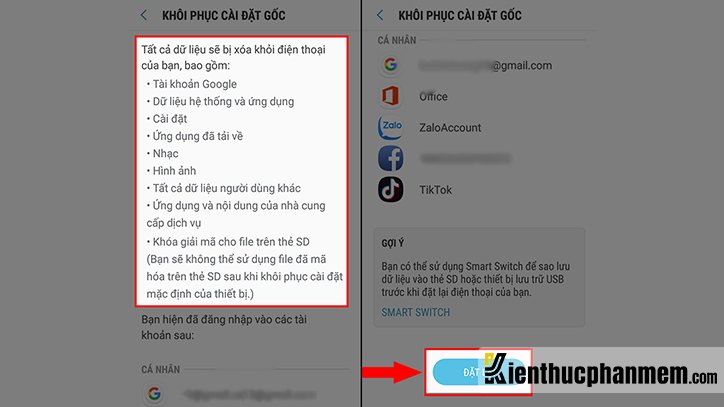 Nhấn vào Đặt lại để khôi phục cài đặt gốc và màn hình của điện thoại
