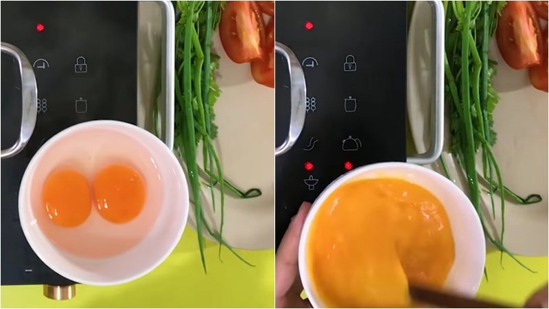 Bạn đập trứng ra chén và khuấy cho tan Bạn đập trứng ra chén và khuấy cho tan