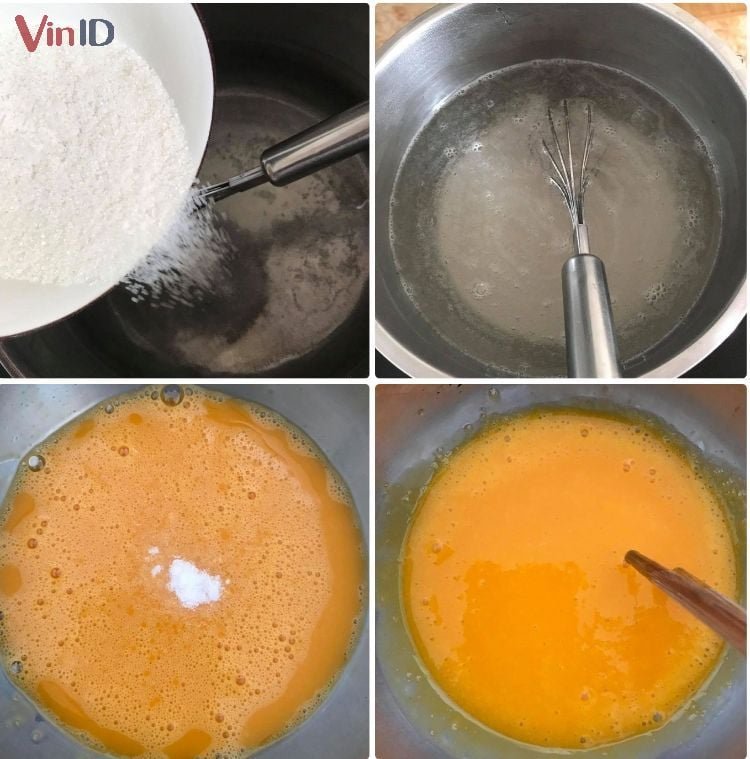 Khuấy đều hỗn hợp rau câu và đánh tan lòng đỏ trứng Khuấy đều hỗn hợp rau câu và đánh tan lòng đỏ trứng