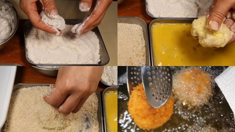 Phủ bột và chiên nhân tôm