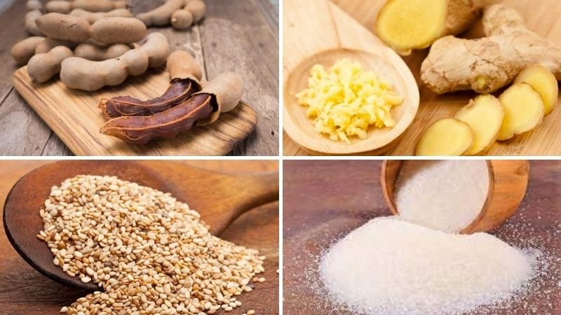 Nguyên liệu làm me ngào đường rắc mè rang Nguyên liệu làm me ngào đường rắc mè rang