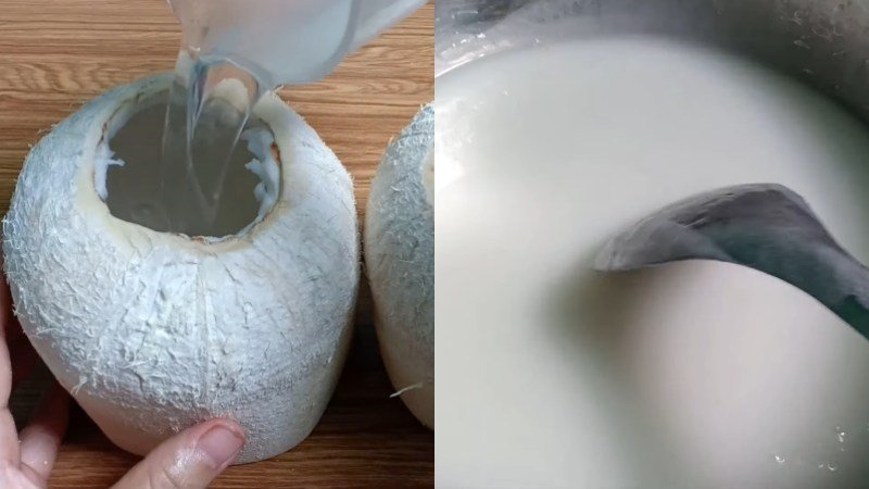 Rót phần rau câu trong vào trái dừa và làm thạch rau câu cốt dừa