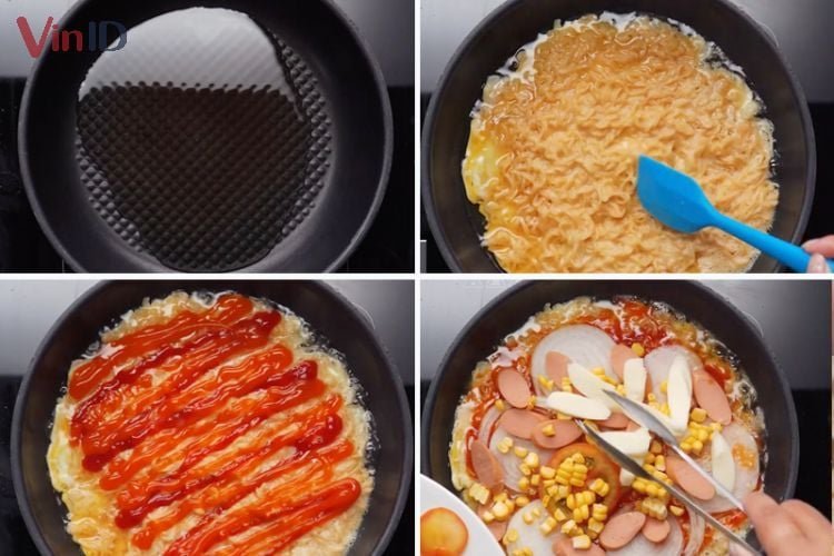 Các bước làm pizza mì tôm trứng