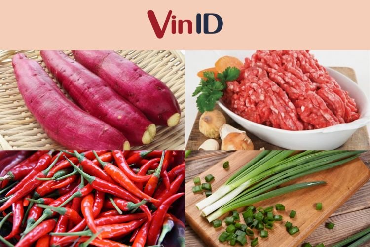 Nguyên liệu làm món bánh cay khoai lang thịt băm Nguyên liệu làm món bánh cay khoai lang thịt băm