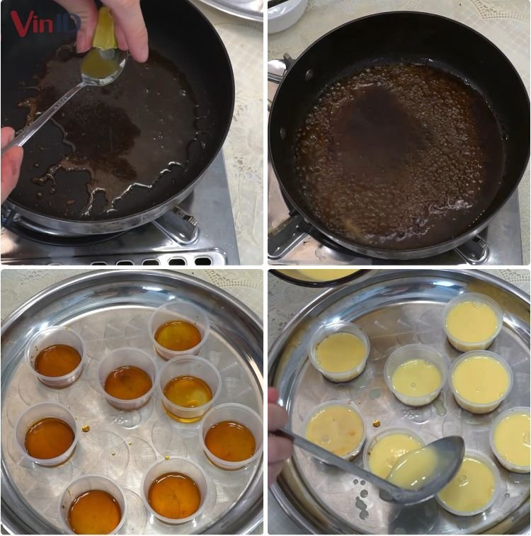 Nấu caramel và đổ bánh flan Nấu caramel và đổ bánh flan
