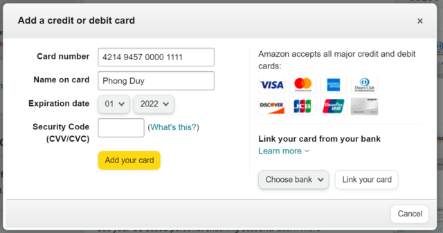 Add thẻ Visa và thanh toán