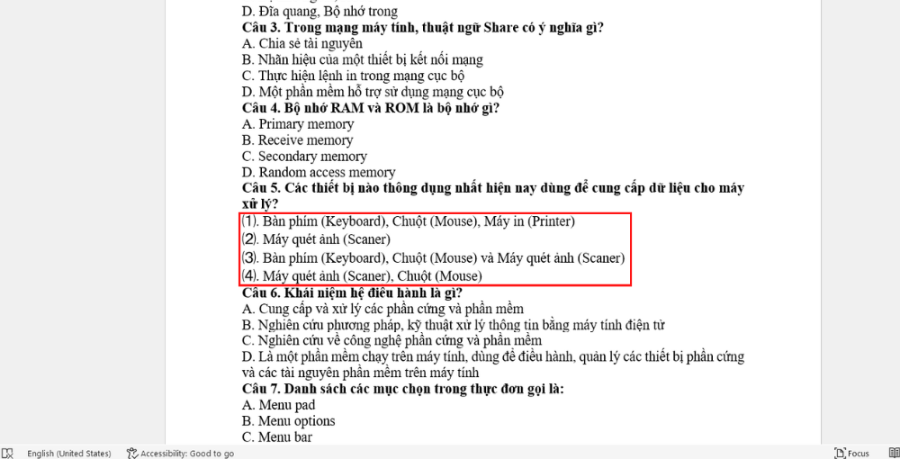 Cách khoanh tròn đáp án trong Word