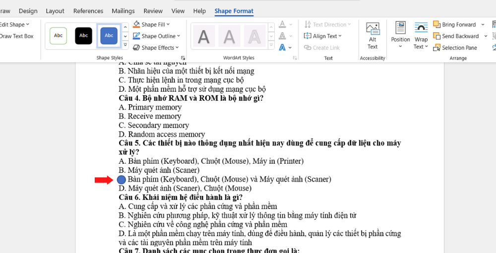 Cách khoanh tròn đáp án trong Word (6)