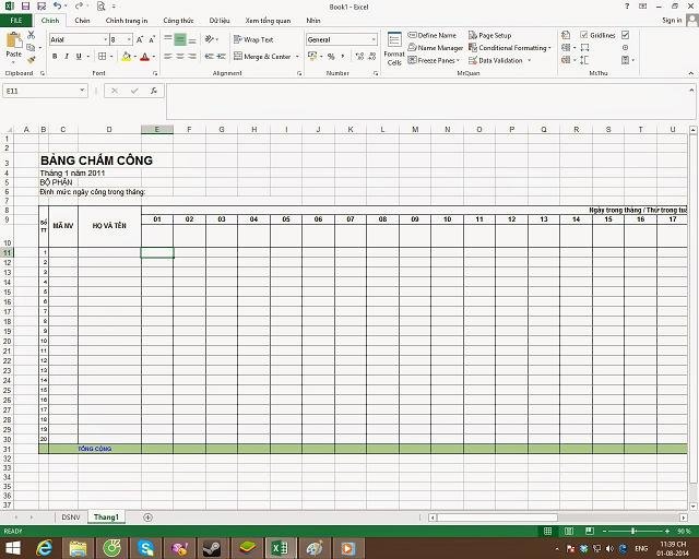 Lập khung cho bảng chấm công Lập khung cho bảng chấm công