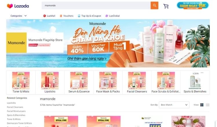 Gian hàng mỹ phẩm Hàn Quốc chính hãng Mamonde trên sàn thương mại điện tử