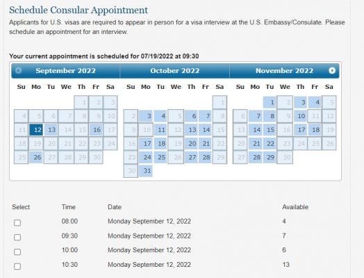 Lịch phỏng vấn visa Mỹ từ 9-11/2022