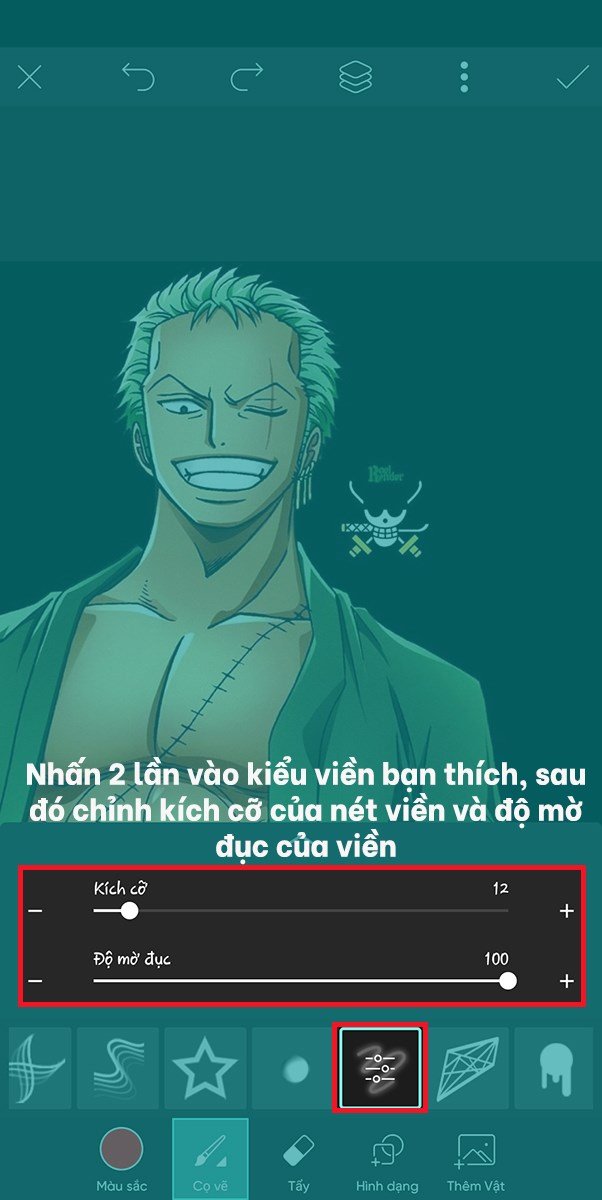nhấn vào kiểu viền bạn đã chọn 2 lần để tùy chỉnh Kích cỡ và Độ mờ đục của viền