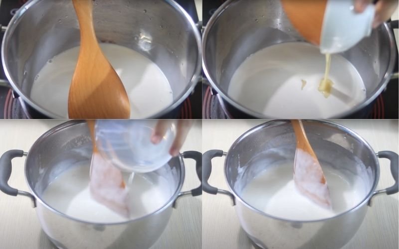 Nấu nước cốt dừa cùng sữa đặc, muối và đường Nấu nước cốt dừa cùng sữa đặc, muối và đường