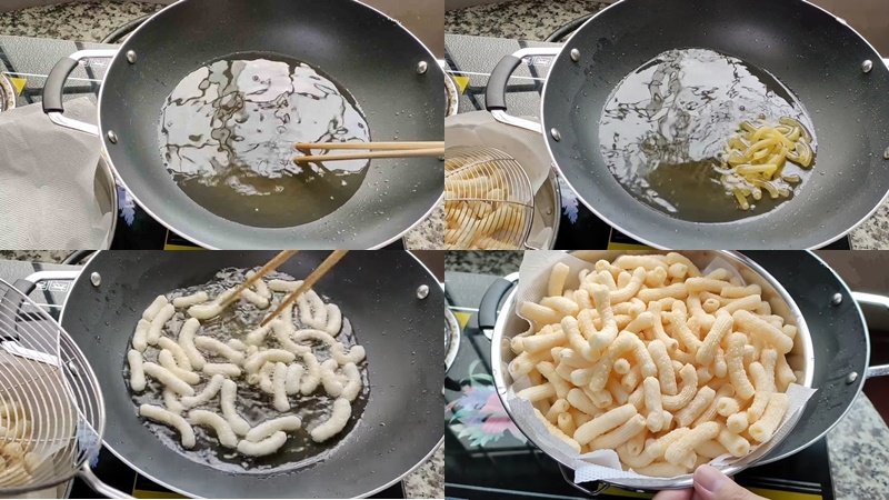 Chiên nui đến khi nở bung ra và rám vàng Chiên nui đến khi nở bung ra và rám vàng