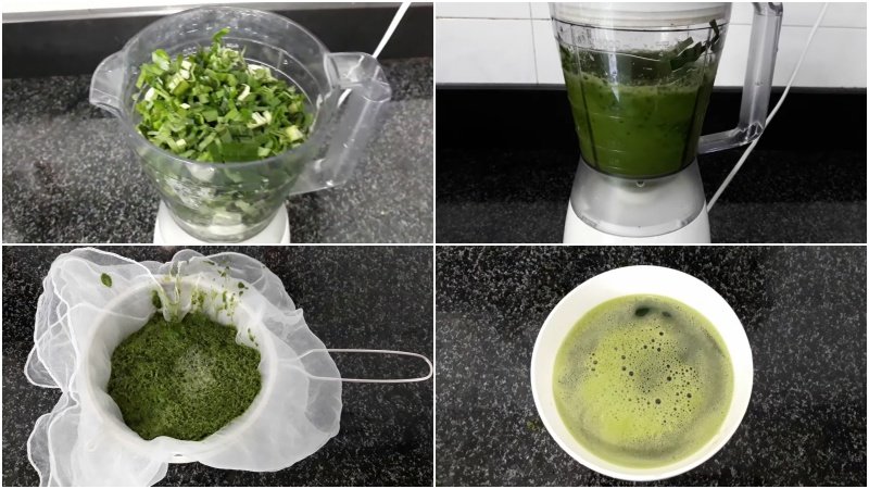 Xay và lọc nước cốt lá dứa Xay và lọc nước cốt lá dứa