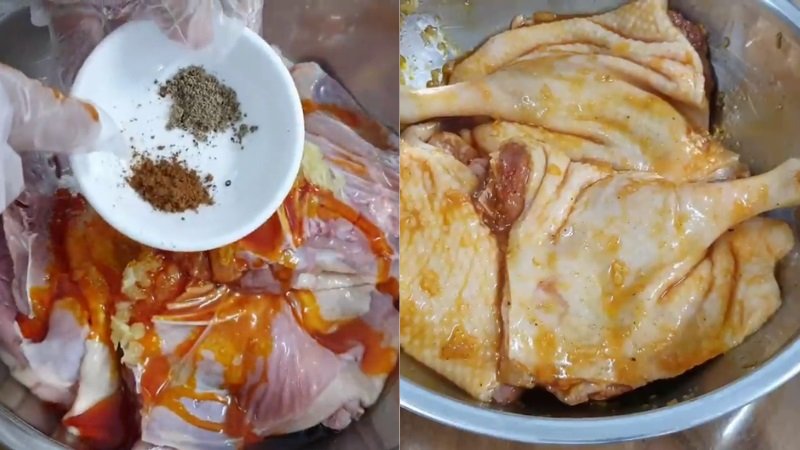 Cho tất cả gia vị vào trộn đều và ướp thịt trong vòng 45 phút Cho tất cả gia vị vào trộn đều và ướp thịt trong vòng 45 phút