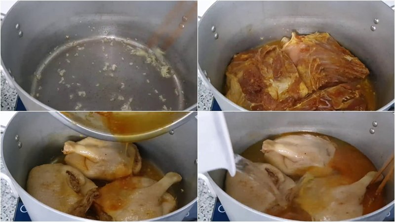 Cho thịt vào nồi đợi săn lại rồi đổ nước dừa đun sôi cho cạn Cho thịt vào nồi đợi săn lại rồi đổ nước dừa đun sôi cho cạn