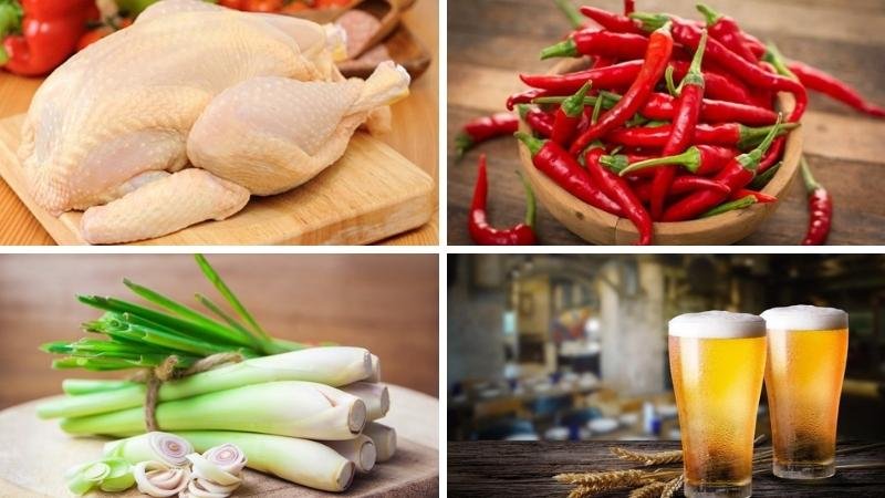 Nguyên liệu làm gà hấp bia sả nguyên con