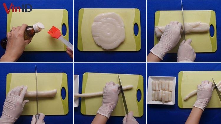 Cắt Tok thành các miếng bánh gạo dài 2-3 cm là vừa ăn