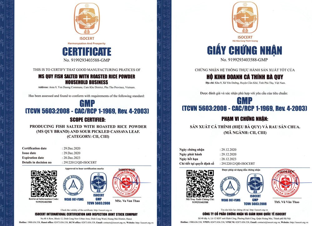 Giấy chứng nhận đạt chuẩn GMP của Cá Thính Bà Quy
