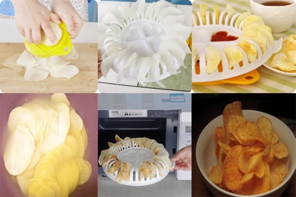 Các bước làm bim bim khoai tây bằng lò vi sóng.
