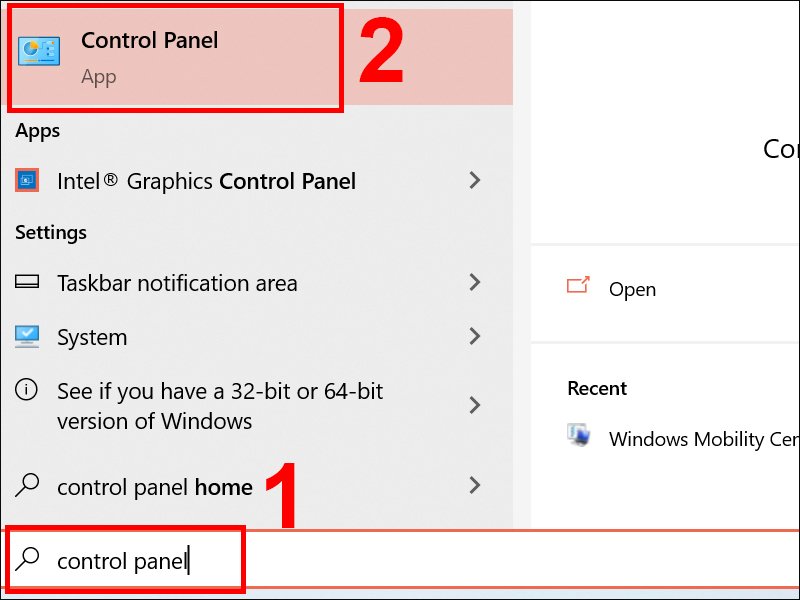 Bước 1: Tìm chọn Control Panel trong ô tìm kiếm trên Windows 10 Bước 1: Tìm chọn Control Panel trong ô tìm kiếm trên Windows 10