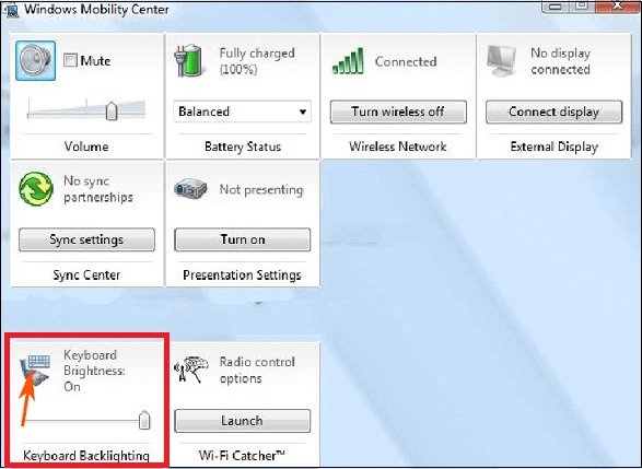 Bước 3: Tại màn hình Windows Mobility Center, nhấn vào biểu tượng của Keyboard Backlighting Bước 3: Tại màn hình Windows Mobility Center, nhấn vào biểu tượng của Keyboard Backlighting