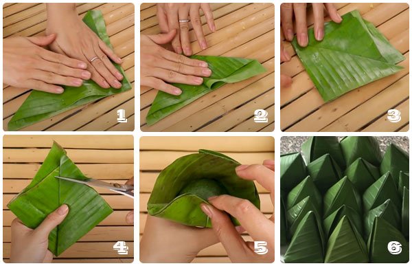Các bước gói bánh ít lá gai bằng lá chuối tươi