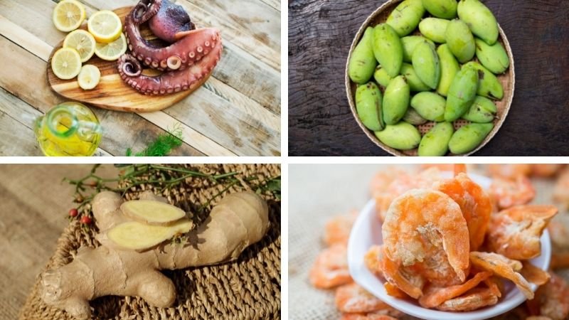 Nguyên liệu làm bạch tuộc trộn cóc non sốt Thái
