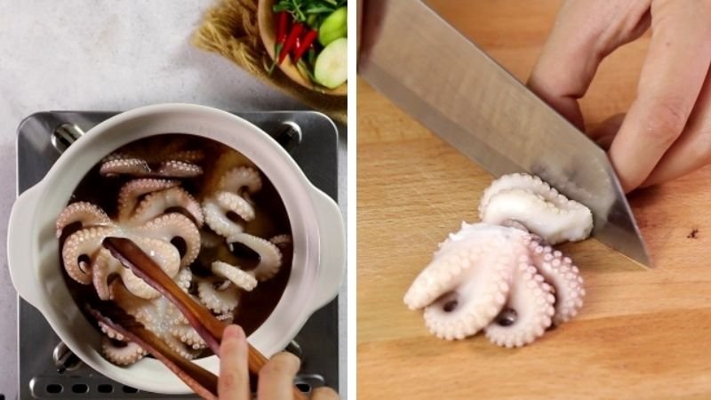Luộc bạch tuộc và cắt thành từng miếng vừa ăn