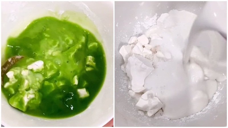 Trộn bột bánh đúc lá dứa