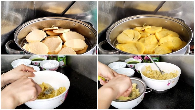 Hấp và giã nhuyễn khoai Hấp và giã nhuyễn khoai