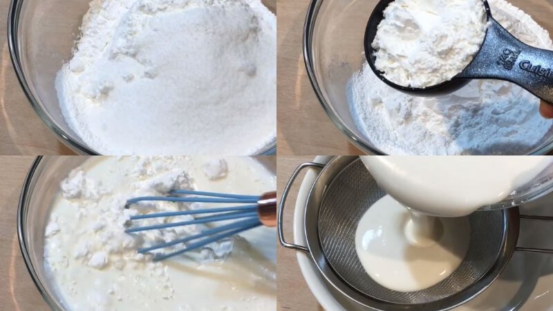 Trộn bột nếp với đường bột, rây qua lọc để mịn Trộn bột nếp với đường bột, rây qua lọc để mịn