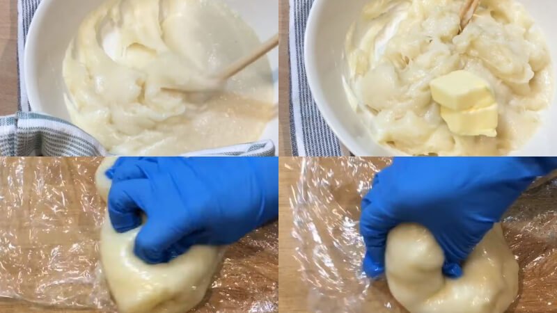 Hấp xong đem ra để nhào bột với bơ mặn Hấp xong đem ra để nhào bột với bơ mặn